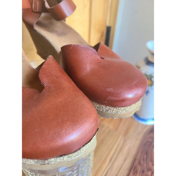 Yokona Brown Leather US 9 Mary Jane Cork Wedge Made Spain Sandals Clogs Boho - Picture 7 of 10